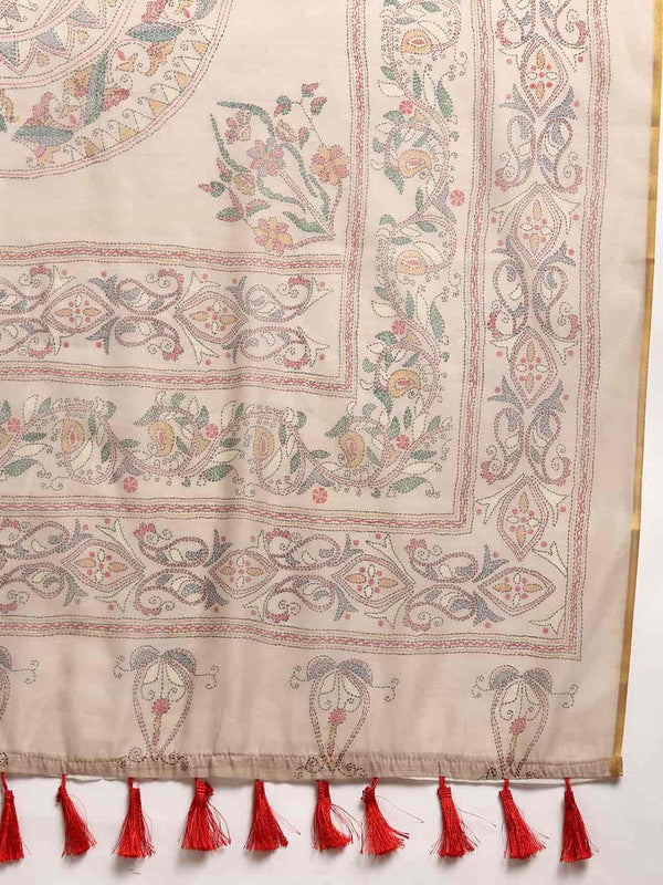 Multicolor Cotton Blend Printed Kalamkari Saree with Unstitched Blouse - Hiral Fashion
