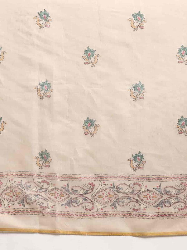 Multicolor Cotton Blend Printed Kalamkari Saree with Unstitched Blouse - Hiral Fashion