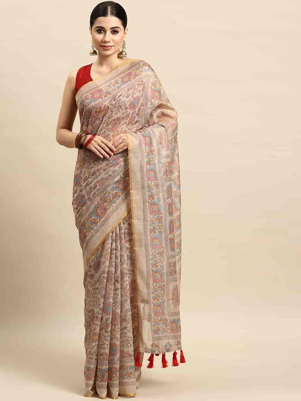 Multicolor Cotton Blend Printed Kalamkari Saree with Unstitched Blouse - Hiral Fashion