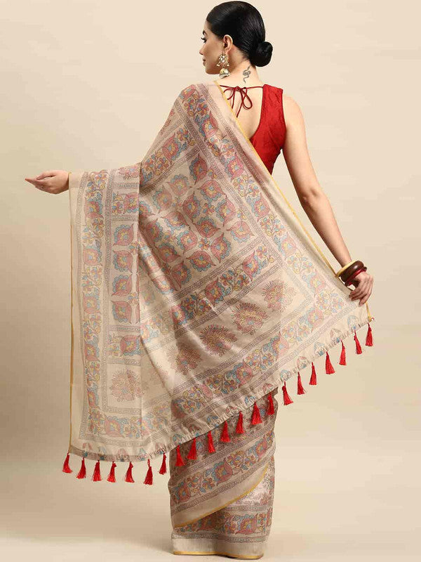 Multicolor Cotton Blend Printed Kalamkari Saree with Unstitched Blouse - Hiral Fashion