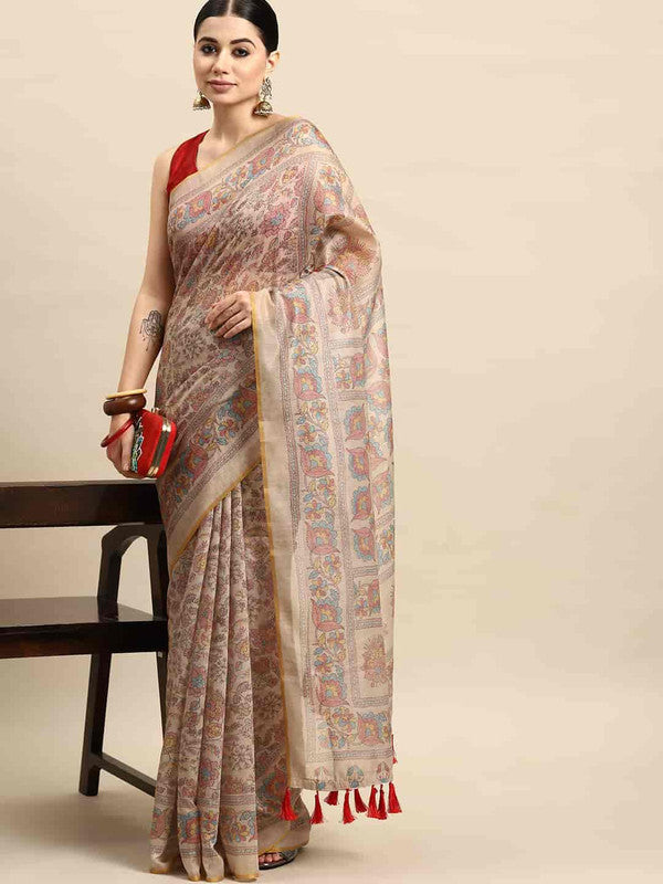 Multicolor Cotton Blend Printed Kalamkari Saree with Unstitched Blouse - Hiral Fashion