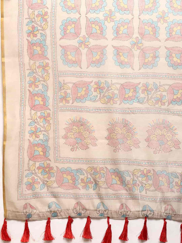 Multicolor Cotton Blend Printed Kalamkari Saree with Unstitched Blouse - Hiral Fashion
