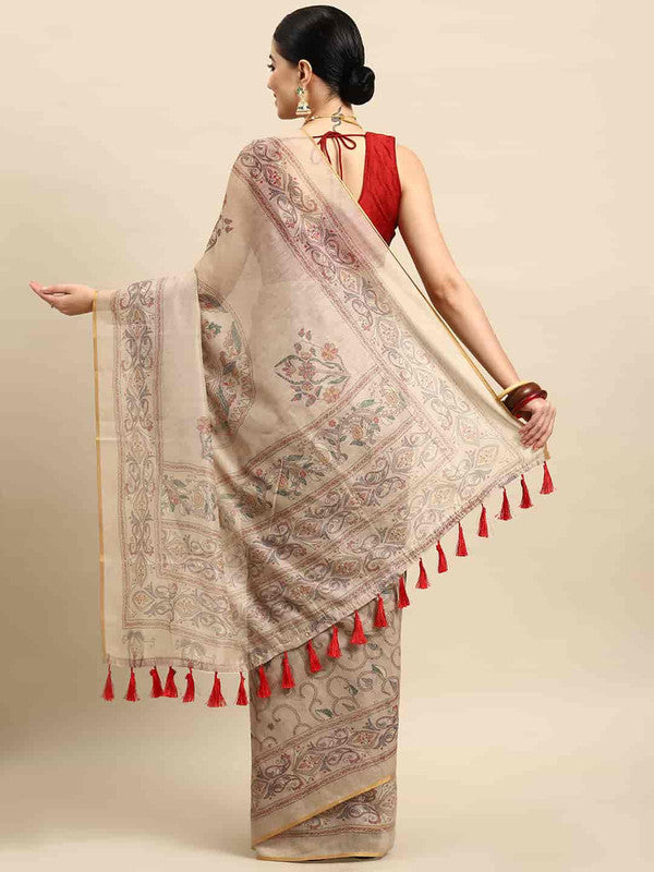 Multicolor Cotton Blend Printed Kalamkari Saree with Unstitched Blouse - Hiral Fashion