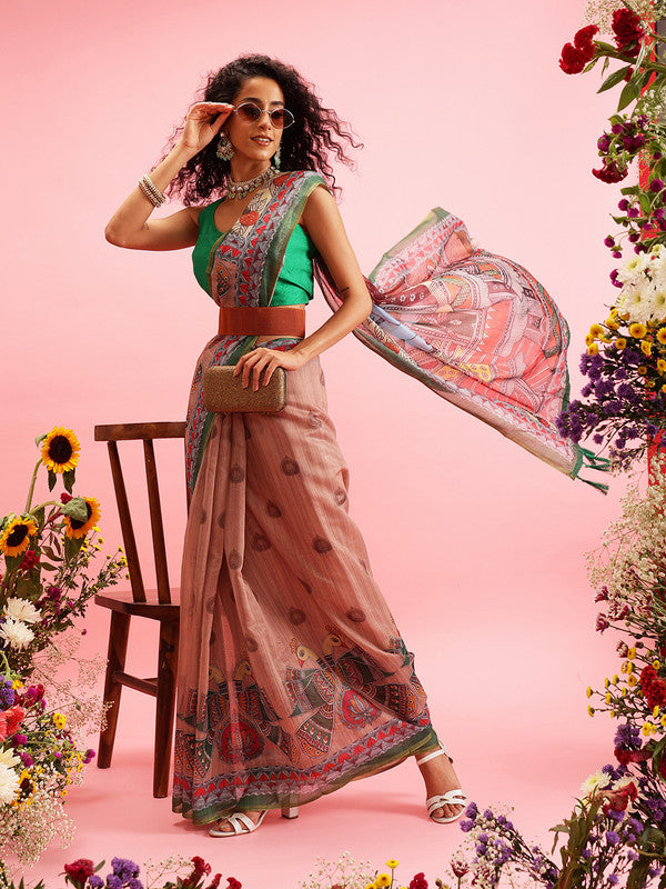 Peach Cotton Blend Printed Madhubani Saree with Unstitched Blouse - Hiral Fashion
