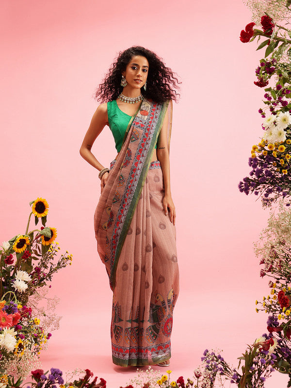 Peach Cotton Blend Printed Madhubani Saree with Unstitched Blouse - Hiral Fashion