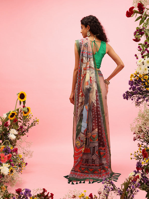 Peach Cotton Blend Printed Madhubani Saree with Unstitched Blouse - Hiral Fashion