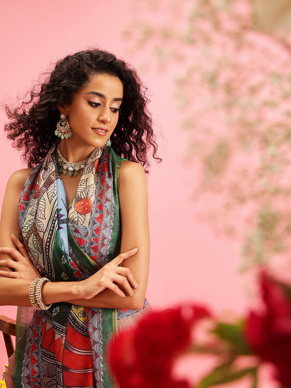 Peach Cotton Blend Printed Madhubani Saree with Unstitched Blouse - Hiral Fashion