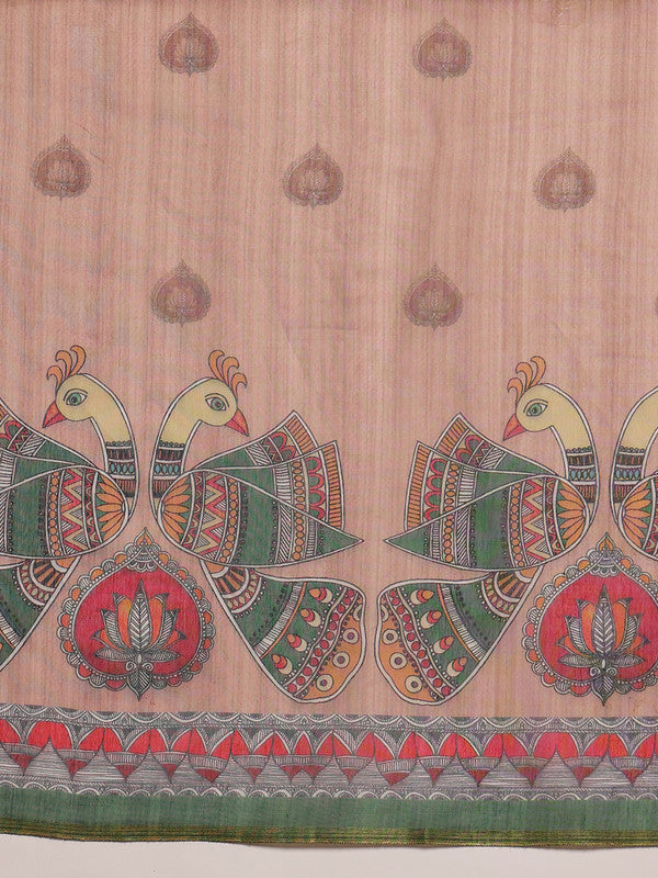 Peach Cotton Blend Printed Madhubani Saree with Unstitched Blouse - Hiral Fashion
