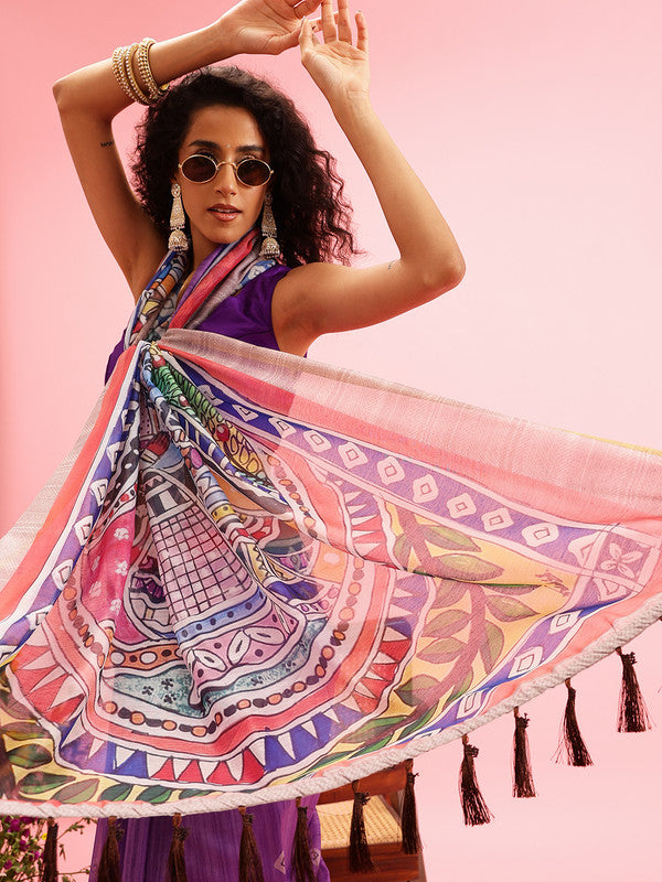 Purple Cotton Blend Printed Madhubani Saree with Unstitched Blouse - Hiral Fashion