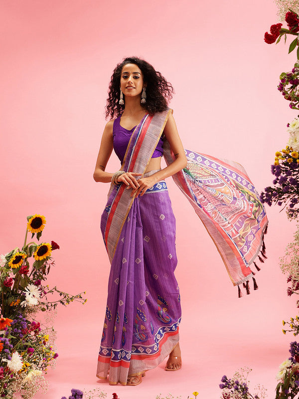 Purple Cotton Blend Printed Madhubani Saree with Unstitched Blouse - Hiral Fashion