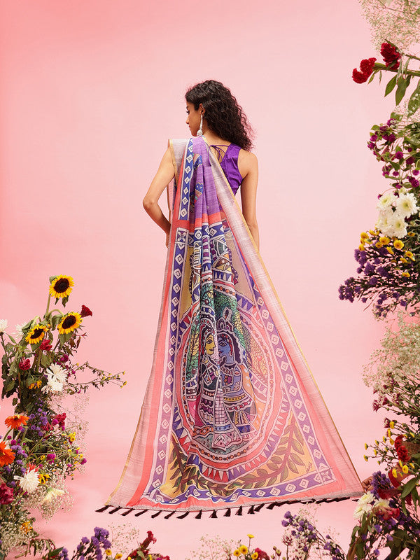 Purple Cotton Blend Printed Madhubani Saree with Unstitched Blouse - Hiral Fashion