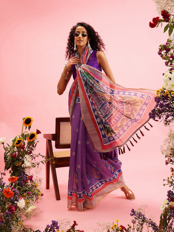 Purple Cotton Blend Printed Madhubani Saree with Unstitched Blouse - Hiral Fashion