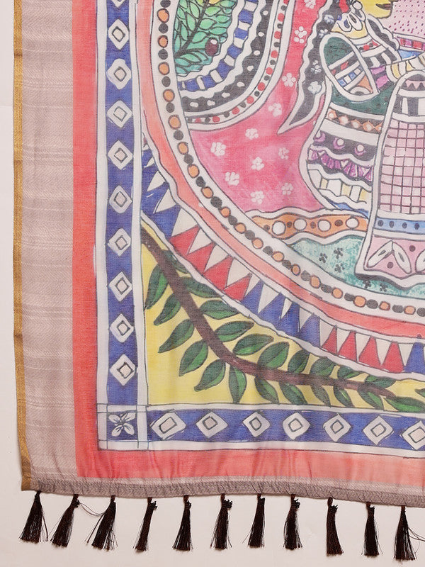 Purple Cotton Blend Printed Madhubani Saree with Unstitched Blouse - Hiral Fashion