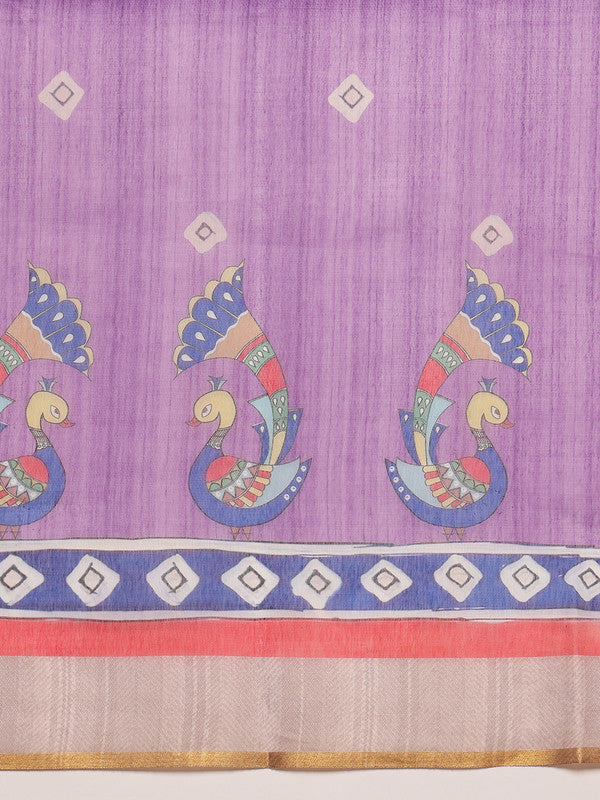 Purple Cotton Blend Printed Madhubani Saree with Unstitched Blouse - Hiral Fashion