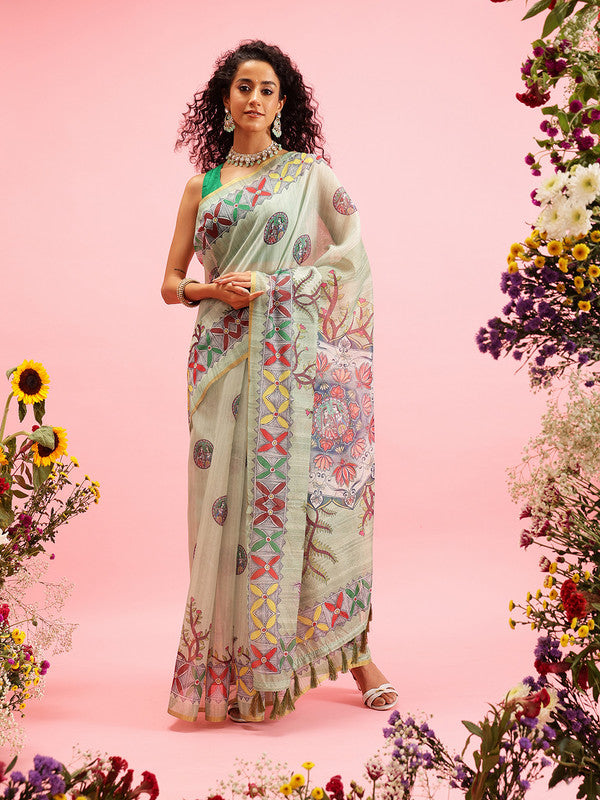 Green Cotton Blend Printed Madhubani Saree with Unstitched Blouse - Hiral Fashion
