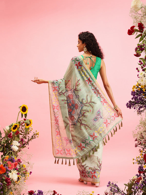 Green Cotton Blend Printed Madhubani Saree with Unstitched Blouse - Hiral Fashion