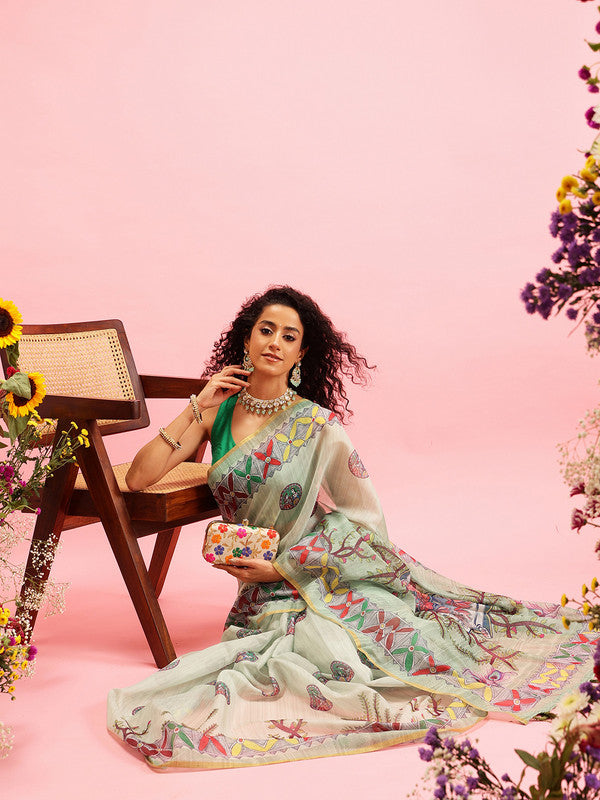 Green Cotton Blend Printed Madhubani Saree with Unstitched Blouse - Hiral Fashion