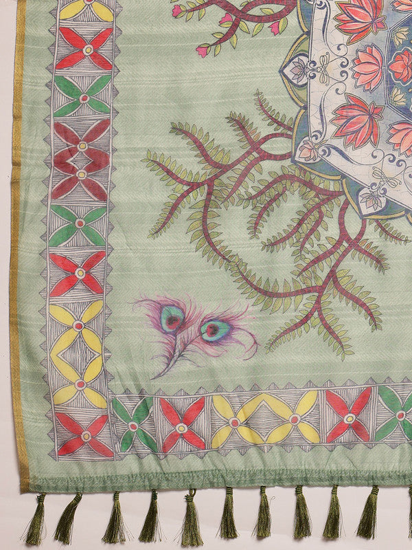 Green Cotton Blend Printed Madhubani Saree with Unstitched Blouse - Hiral Fashion