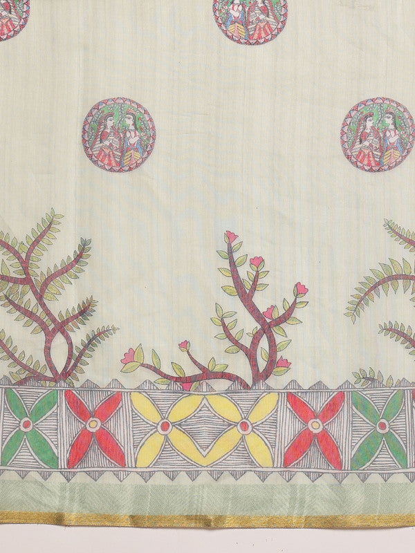 Green Cotton Blend Printed Madhubani Saree with Unstitched Blouse - Hiral Fashion