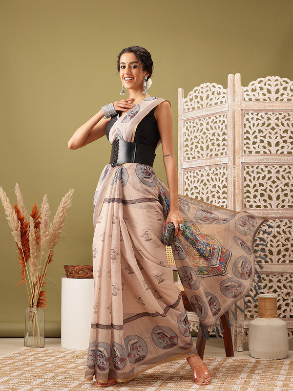 Beige Cotton Blend Printed Madhubani Saree with Unstitched Blouse - Hiral Fashion