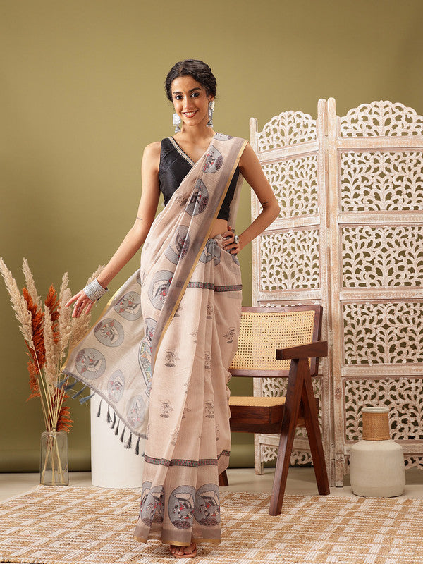 Beige Cotton Blend Printed Madhubani Saree with Unstitched Blouse - Hiral Fashion
