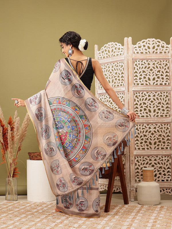 Beige Cotton Blend Printed Madhubani Saree with Unstitched Blouse - Hiral Fashion