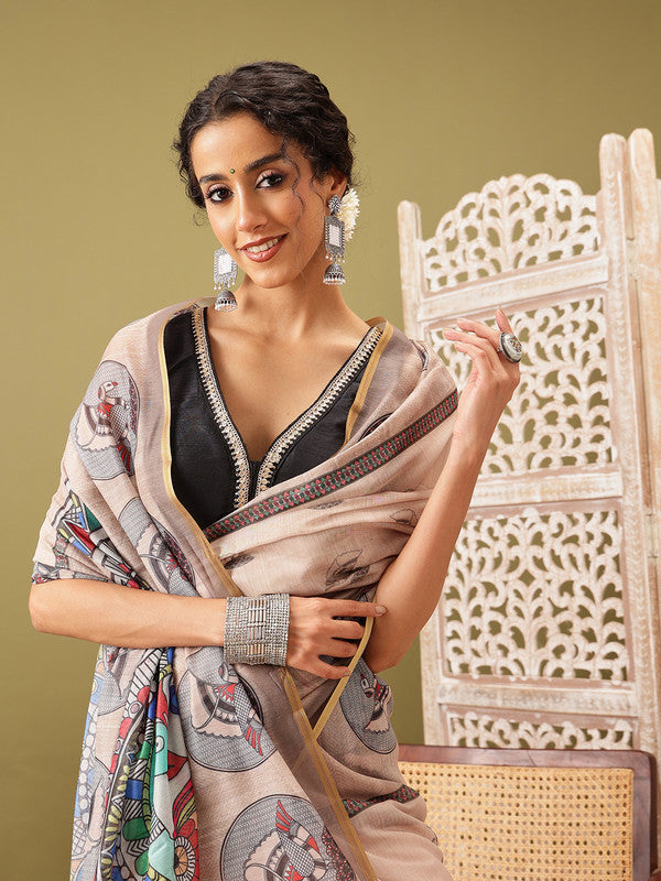 Beige Cotton Blend Printed Madhubani Saree with Unstitched Blouse - Hiral Fashion