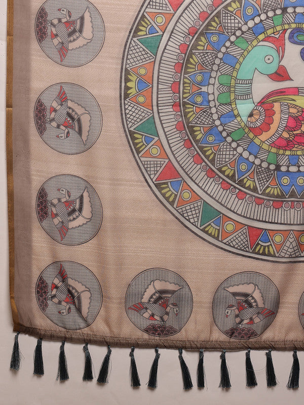 Beige Cotton Blend Printed Madhubani Saree with Unstitched Blouse - Hiral Fashion