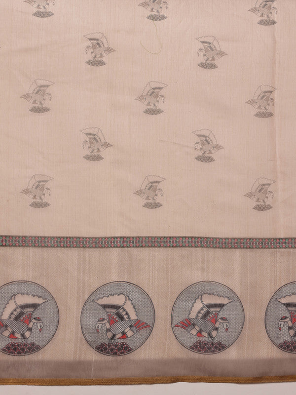 Beige Cotton Blend Printed Madhubani Saree with Unstitched Blouse - Hiral Fashion