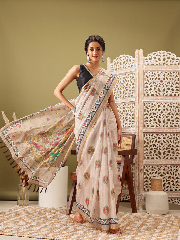 Beige Cotton Blend Printed Madhubani Saree with Unstitched Blouse - Hiral Fashion