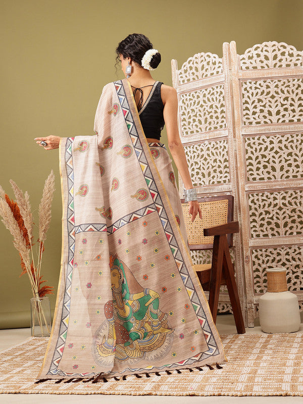 Beige Cotton Blend Printed Madhubani Saree with Unstitched Blouse - Hiral Fashion