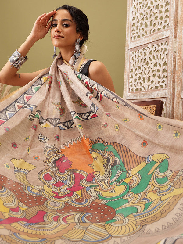 Beige Cotton Blend Printed Madhubani Saree with Unstitched Blouse - Hiral Fashion