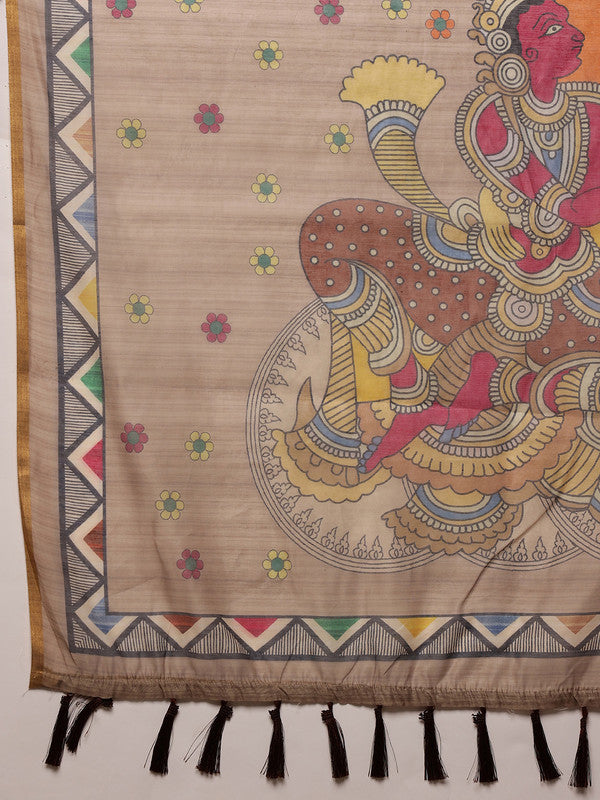 Beige Cotton Blend Printed Madhubani Saree with Unstitched Blouse - Hiral Fashion