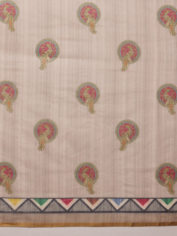 Beige Cotton Blend Printed Madhubani Saree with Unstitched Blouse - Hiral Fashion