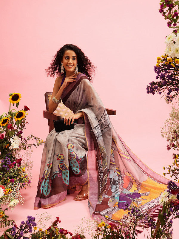 Gray Cotton Blend Printed Madhubani Saree with Unstitched Blouse - Hiral Fashion