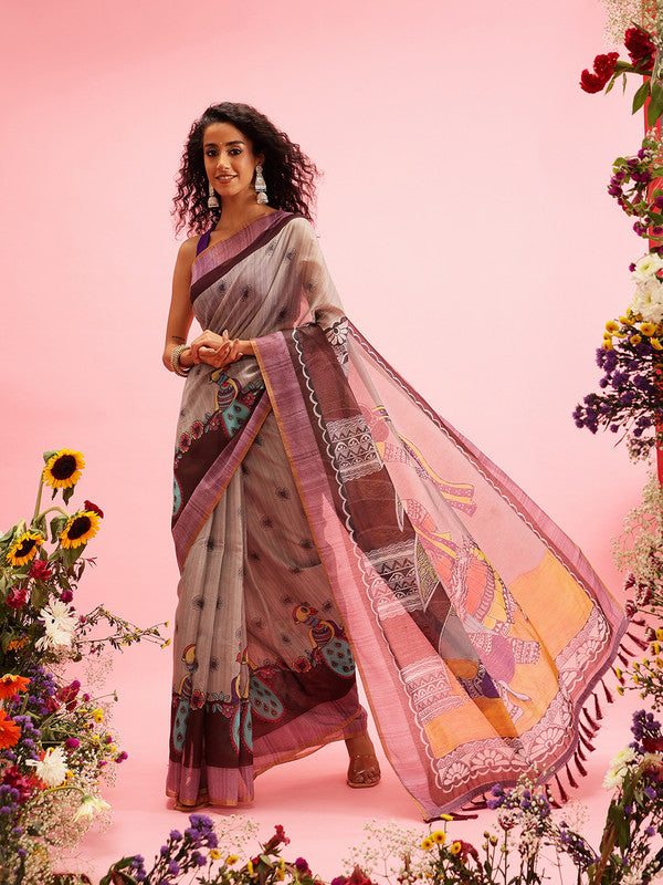 Gray Cotton Blend Printed Madhubani Saree with Unstitched Blouse - Hiral Fashion
