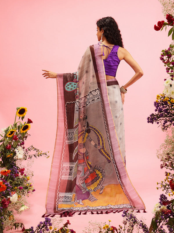 Gray Cotton Blend Printed Madhubani Saree with Unstitched Blouse - Hiral Fashion