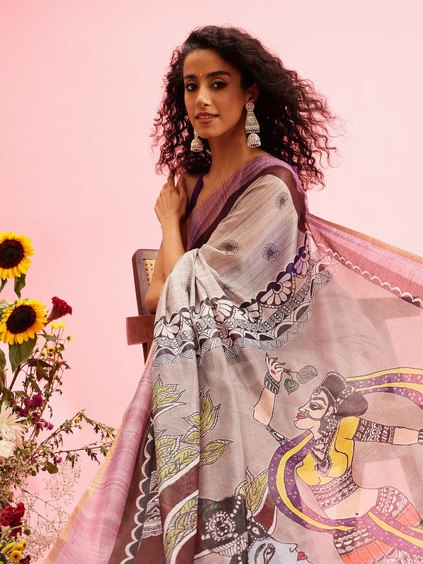 Gray Cotton Blend Printed Madhubani Saree with Unstitched Blouse - Hiral Fashion