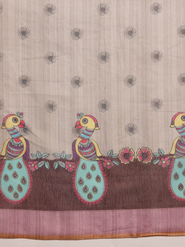 Gray Cotton Blend Printed Madhubani Saree with Unstitched Blouse - Hiral Fashion