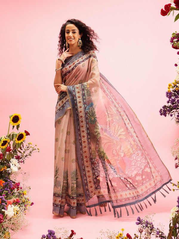 Beige Cotton Blend Printed Madhubani Saree with Unstitched Blouse - Hiral Fashion
