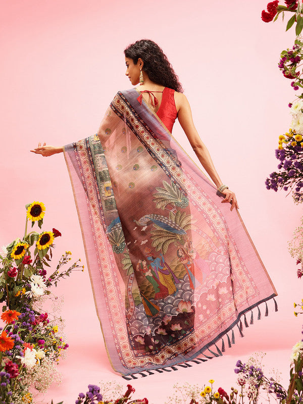 Beige Cotton Blend Printed Madhubani Saree with Unstitched Blouse - Hiral Fashion