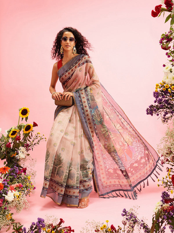 Beige Cotton Blend Printed Madhubani Saree with Unstitched Blouse - Hiral Fashion