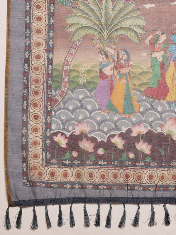 Beige Cotton Blend Printed Madhubani Saree with Unstitched Blouse - Hiral Fashion
