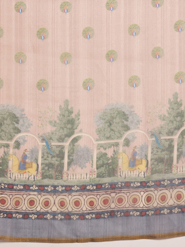 Beige Cotton Blend Printed Madhubani Saree with Unstitched Blouse - Hiral Fashion