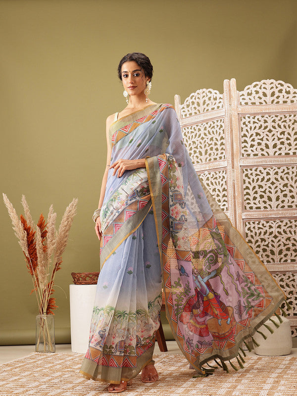Gray Cotton Blend Printed Madhubani Saree with Unstitched Blouse - Hiral Fashion