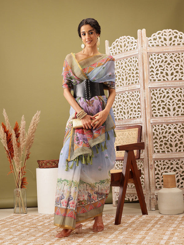 Gray Cotton Blend Printed Madhubani Saree with Unstitched Blouse - Hiral Fashion