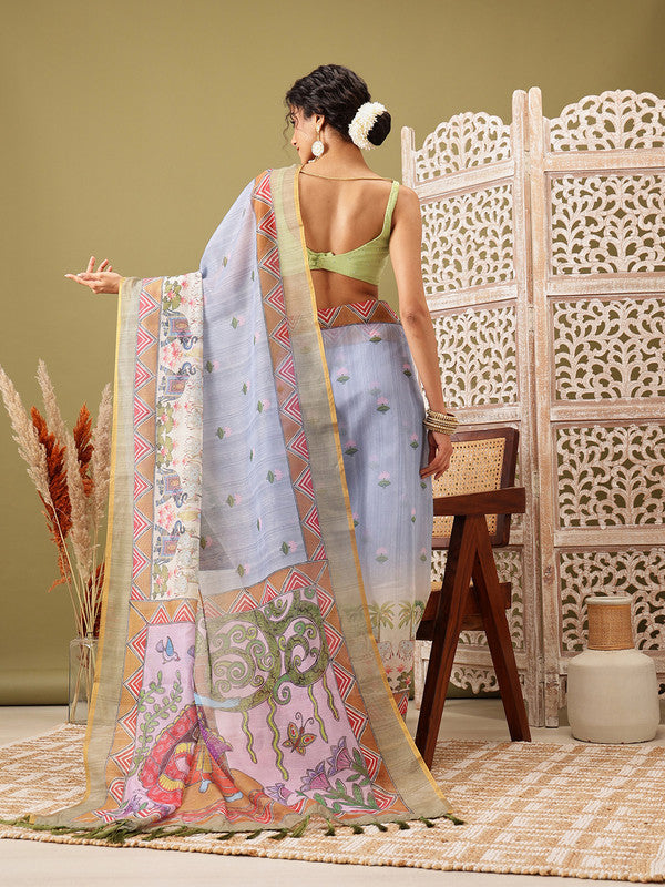 Gray Cotton Blend Printed Madhubani Saree with Unstitched Blouse - Hiral Fashion
