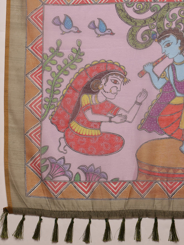 Gray Cotton Blend Printed Madhubani Saree with Unstitched Blouse - Hiral Fashion