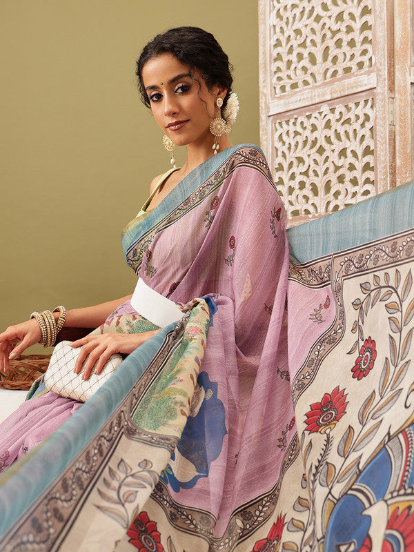 Pink Cotton Blend Printed Madhubani Saree with Unstitched Blouse - Hiral Fashion