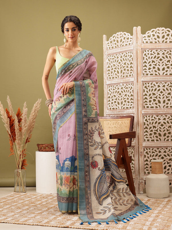 Pink Cotton Blend Printed Madhubani Saree with Unstitched Blouse - Hiral Fashion